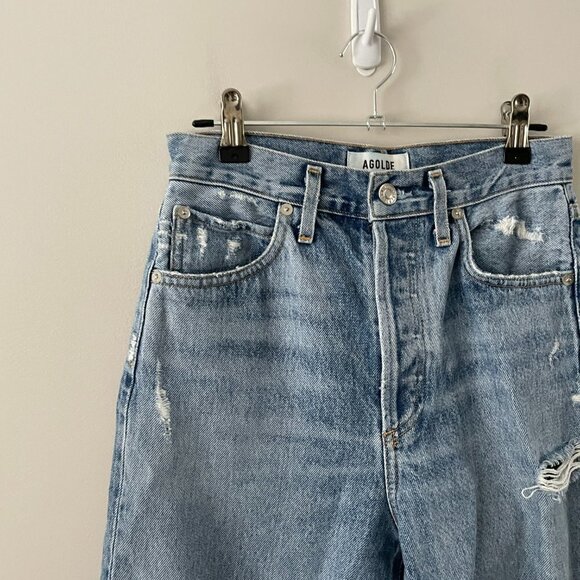 Agolde 90's Mid Rise Loose Fit Distressed Straight Leg Jeans In Fall Out Blue 23 - Picture 4 of 9